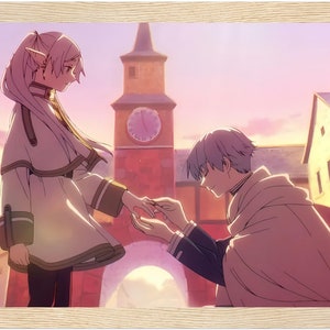 Puede incluir: Una ilustración de anime de una pareja que se compromete en un entorno de ciudad medieval. El hombre está arrodillado y sostiene un anillo, mientras que la mujer sonríe y lo mira. El fondo presenta una torre del reloj y otros edificios.