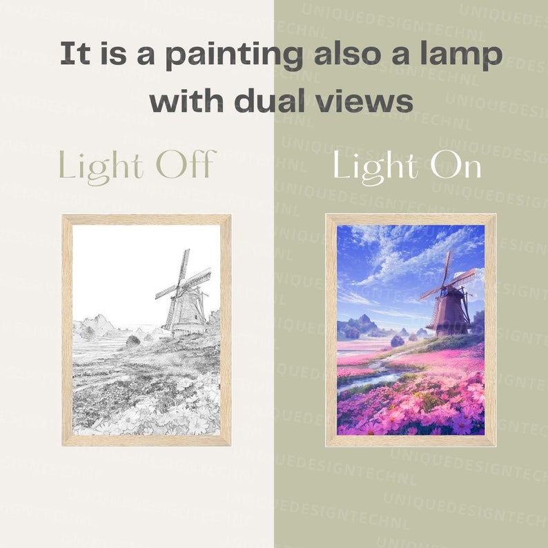 May include: A framed painting of a windmill in a field of flowers. The painting is in black and white when the light is off, and the colors appear when the light is on. The text "Light Off" and "Light On" are displayed above the paintings.