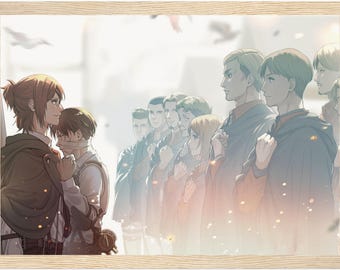 May include: A group of anime characters stand in a line, facing a woman with long brown hair. The woman is wearing a brown cloak and a white shirt. The characters in the line are wearing various outfits, including a blue jacket, a red jacket, and a black cloak. The characters are all looking forward, with serious expressions on their faces.