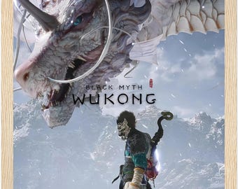 May include: A poster for the video game Black Myth: Wukong, featuring a white dragon with blue eyes and a man in a blue and green outfit standing in front of a snowy mountain range.