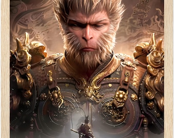 May include: A digital illustration of a powerful, golden monkey warrior with a fierce expression. The monkey is wearing ornate armor and a crown. A smaller figure of a warrior with a staff stands in the foreground, looking up at the monkey.