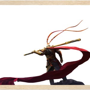 May include: A warrior figure with a red cape and gold armor holds a staff and stands on a rock. The cape is flowing in the wind.
