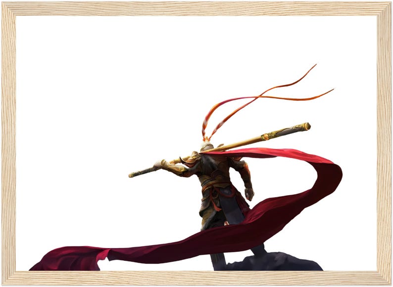 May include: A warrior figure with a red cape and gold armor holds a staff and stands on a rock. The cape is flowing in the wind.