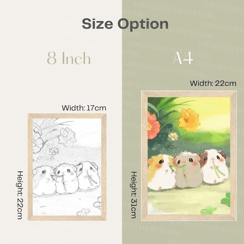 May include: Two framed images of three cartoon hamsters eating grass. The image on the left is in black and white and measures 8 inches by 11 inches. The image on the right is in color and measures 11.7 inches by 16.5 inches.