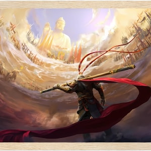 May include: A warrior figure with a red cape and a staff stands in front of a golden Buddha statue. The warrior is surrounded by clouds and a swirling vortex of light.