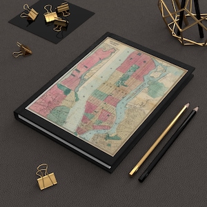 Diario de tapa dura con mapa de la ciudad de Nueva York vintage en color NEGRO, cuaderno de viaje, regalo histórico, álbum de recortes de paisajes urbanos, diario de viaje único, amantes de Nueva York