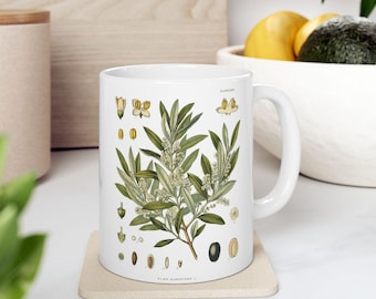 Taza de cerámica con forma de rama de olivo: ilustración botánica antigua, decoración de cocina vintage