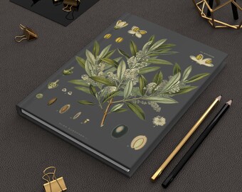 Vintage Olive Tree Journal BLACK,  Botanical Hardcover Journal,  German Medicinal Plants Illustration, Antique Olive Print, Olive Tree Print