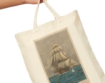 Vintage Sailboat Print Tote Bag: Eco-Friendly Cotton Beach Bag
