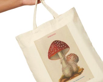 Vintage draagtas van katoencanvas met paddenstoelen: milieuvriendelijke herbruikbare boodschappentas