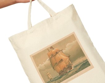 Vintage Sailboat Print Tote Bag: Eco-Friendly Cotton Beach Bag