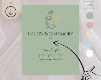 May include: Digital download memorial card with a bunny illustration and the text "IN LOVING MEMORY OF You left paw prints on my soul." Includes 5 color versions. The card is designed to be filled with your memory.