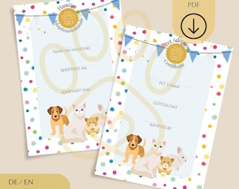Certificado de adopción de mascota para imprimir • Alemán e inglés • A4 + Carta EE. UU. • Certificado apto para niños • Descarga digital de Soul Paw