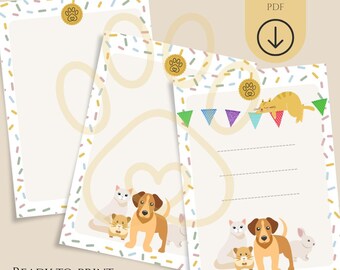 May include: Three printable stationery sheets with a pet theme. The sheets feature illustrations of a dog, cat, hamster, and bunny. The design includes a paw print, colorful confetti, and a banner. The text "DIGITAL DOWNLOAD PDF" is visible.