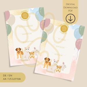 Könnte beinhalten: Zwei Haustier-Adoptionsurkunden mit Illustrationen eines Hundes, einer Katze, eines Hamsters und eines Kaninchens. Die Urkunden haben einen Aquarellhintergrund mit Luftballons und den Text "Pet Adoption Certificate" und "Digital Download PDF".