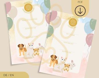 Certificado de adopción de mascota para imprimir • Alemán e inglés • A4 + Carta EE. UU. • Certificado apto para niños • Descarga digital de Soul Paw