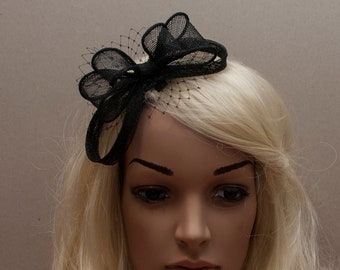 Small simple black bow fascinator with net, black petite fascinator, black minimalist bow fascinator