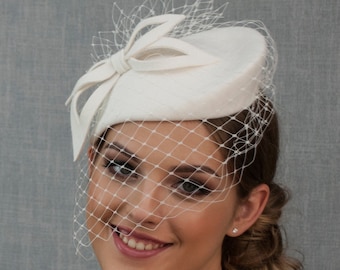 Very light ivory white or cream white velour hat. White wedding hat. White bridal hat.