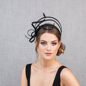 Black halo hat, black fascinator hat. Black Kentucky Derby fascinator. Black Royal Ascot hat.