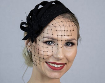 Black elegant fascinator hat with short face veil. New design for 2022-23. Made to order.