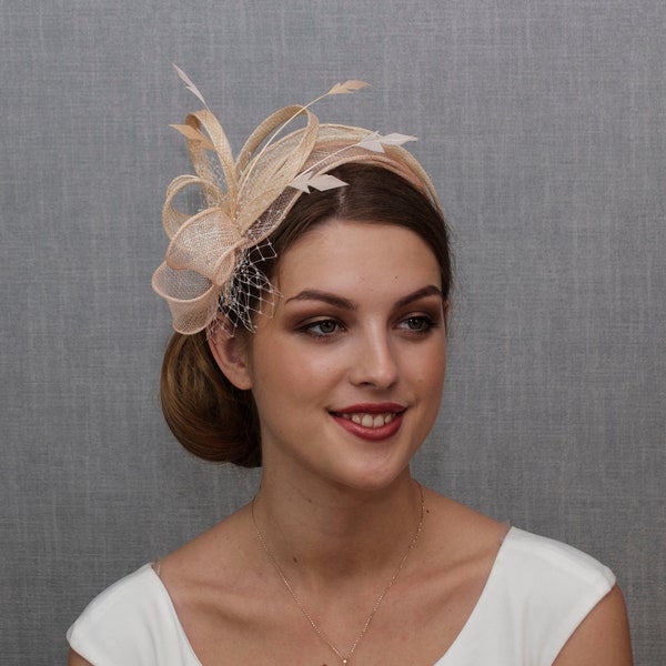 Champagne and blush pink leaf fascinator. Pink and beige wedding fascinator.