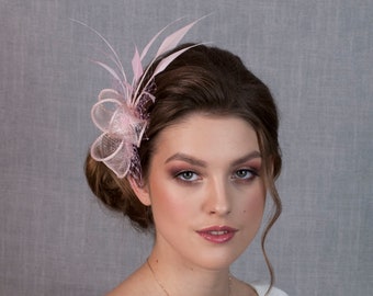 Pink feather fascinator. Pink wedding fascinator. Light pink fascinator.