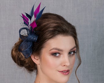 Navy blue and hot pink wedding fascinator.