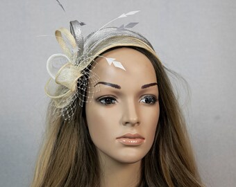 Champagne, silver and white wedding fascinator. Made to order.