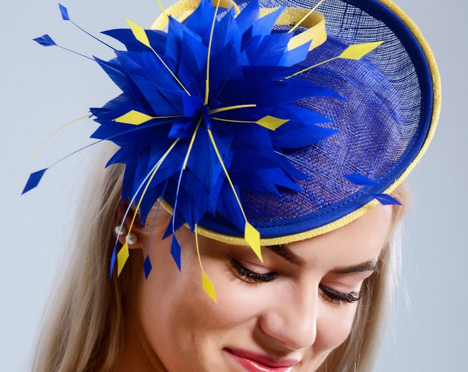 Cobalt Blue and Neon Yellow Wedding Fascinator Hat, Royal Blue Wedding