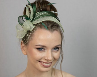 Green Wedding Fascinator with Feathers & Net
