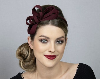 Burgundy minimalist classical fascinator. New design in 2024 collection