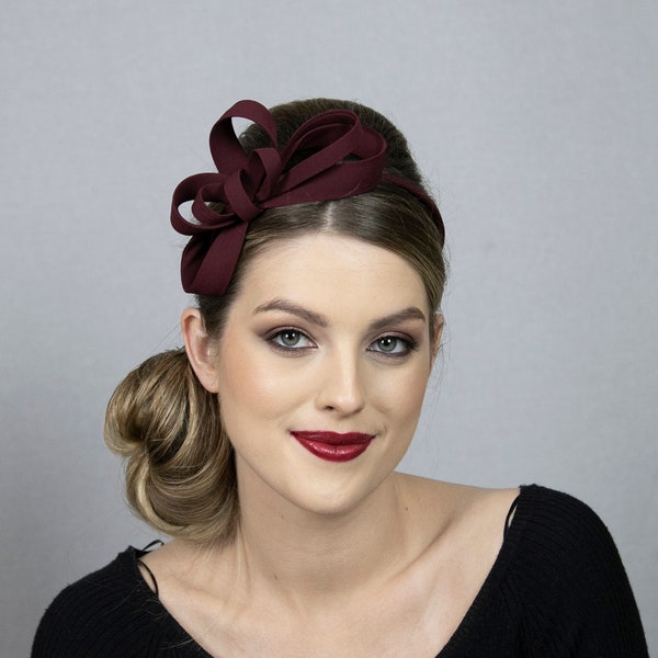Burgundy minimalist classical fascinator. New design in 2024 collection