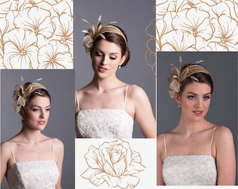 Beige and golden fascinator hat. Champagne wedding fascinator.