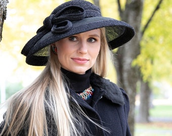 Black wide brim Audrey Hepburn style hat for women. New hat from AW 2024 collection.