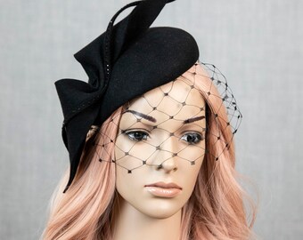 Black Pillbox Hat. Funeral Hat 