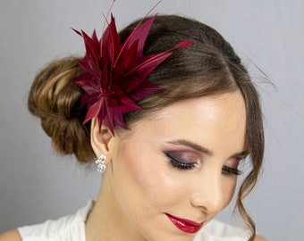 Burgundy feather fascinator for her and matching feather pocket square for him. Accessory set for the couple.