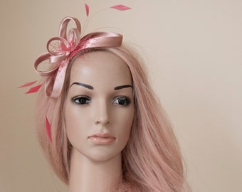 Blush pink fascinator from blush pink silky fabric.  Pink wedding fascinator with hot pink feathers.