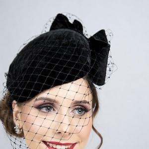 Black velvet percher hat with face veil. Made to order!