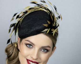 Black and gold haute couture percher hat. New hat for 2024 formal occasions.