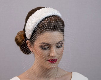 Ivory Silk Flower Sinamay Fascinator Hat With Veil and Pearl 