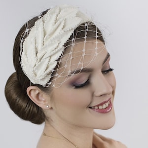 Ivory white bridal hat with net. Wedding hat.  Greece style wedding fascinator hat.