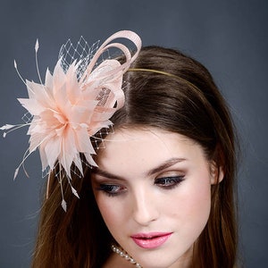 Pink wedding fascinator hat.Blush pink feather fascinator hat.