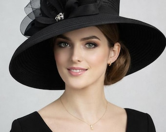 Black Wide Brim Hat, Silk Fabric Loops, Silver Brooch, Audrey Hepburn Style