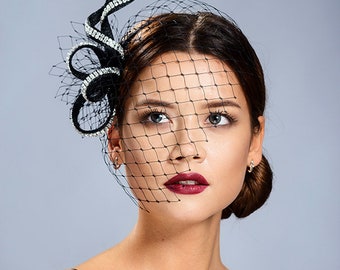 Black luxorious fascinator with the face veil for your special occasions