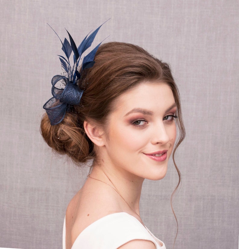 Blue Feather Fascinator. Navy Blue 