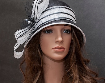 Elegant black and white cloche hat for the weddings, races, church,holidays, garden parties.MADE TO ORDER!