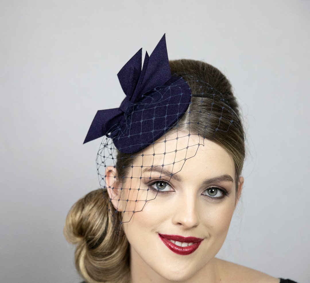 Dark Blue Small Fascinator Hat With Face Veil. Blue Minimalist Etsy
