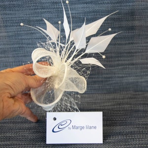 White wedding fascinator. White feather fascinator for your special occasions. image 9