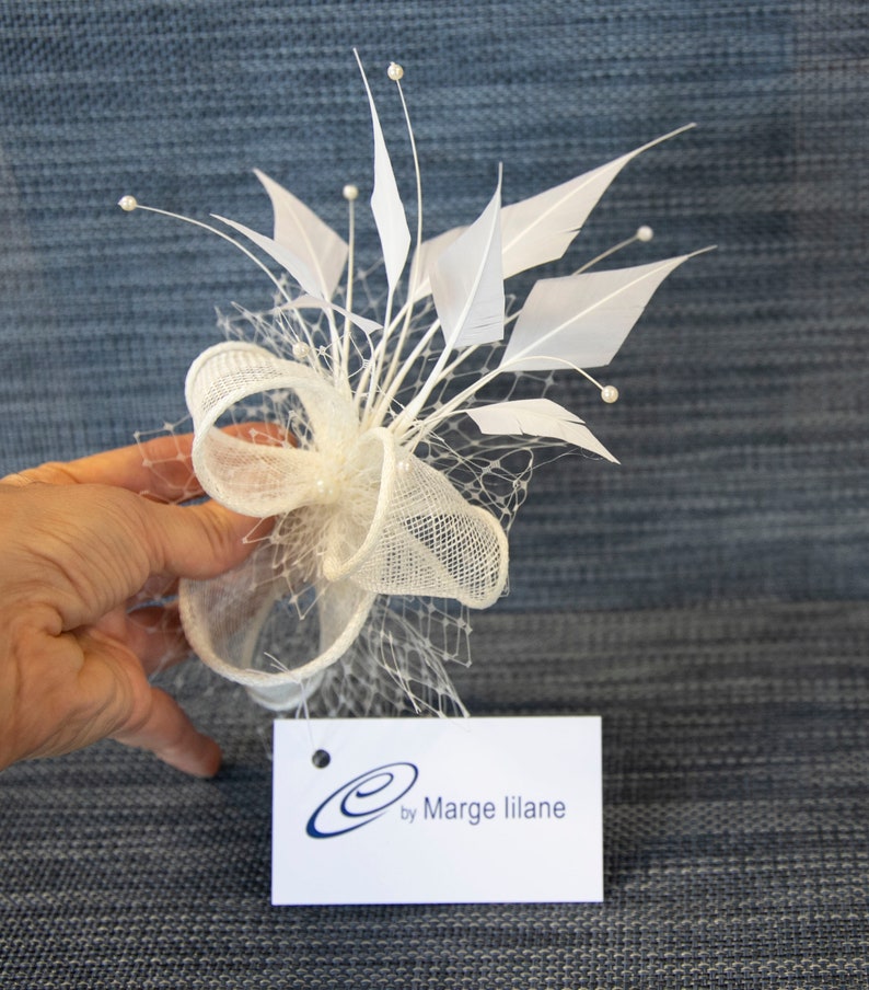 White wedding fascinator. White feather fascinator for your special occasions. image 9