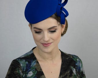 Royal Blue Velour Felt Percher Hat - Wedding Guest Headpiece